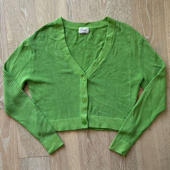 Wilfred Aritzia Light Cropped Linen-Blend Cardigan Green SzS - Picture 2 of 11